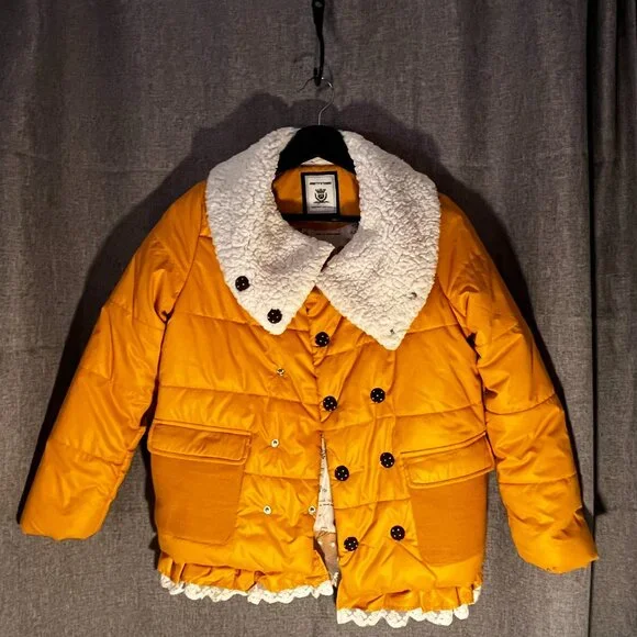 Purad Girl Yellow Puffy Jacket with Faux Sherpa Collar and Lace Trim - US Sz 12 - Picture 2 of 13